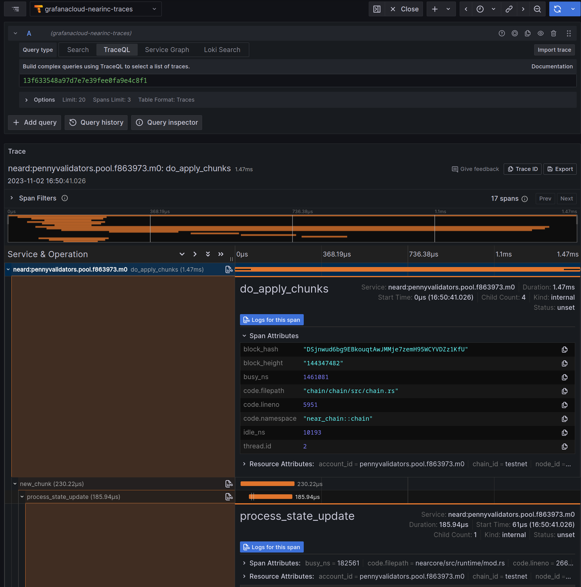 Image displaying a specific trace with two of the spans expanded to show their details